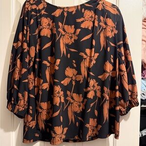 Halogen Woven Floral Blouse in Black with Rust Floral Print